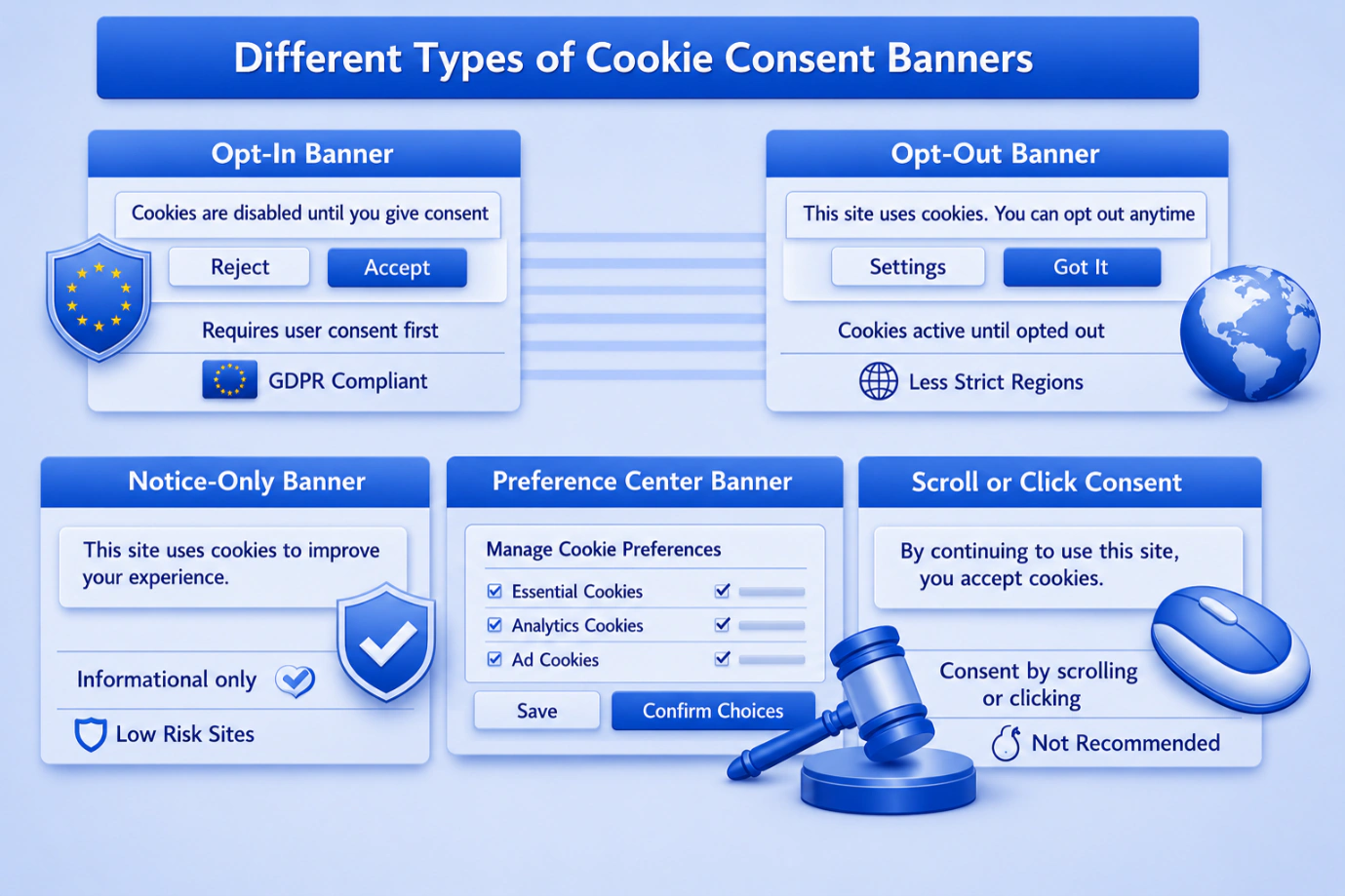 The different types of cookie consent banner: opt-in, opt-out, notice-only, preference centre and scroll or click consent.