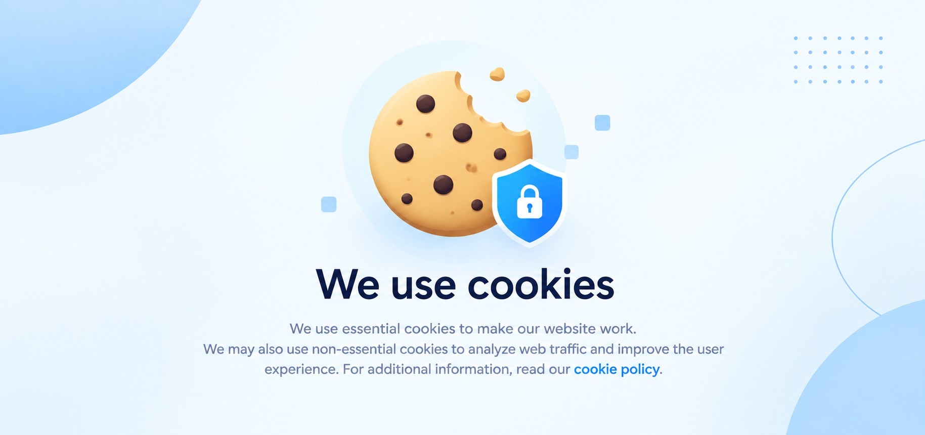 A cookie banner reading "We use cookies": we use essential cookies to make our website work, and may also use non-essential cookies to analyze web traffic and improve the user experience, with a link to the cookie policy.